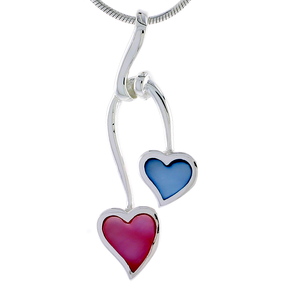 Sterling Silver Double Heart Pink & Blue Mother of Pearl Inlay Pendant, 1 7/16" (36 mm) tall 
