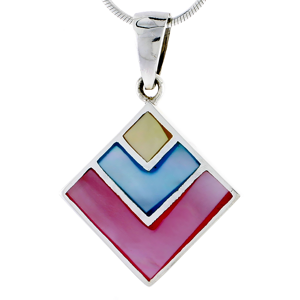 Sterling Silver Diamond-shaped Pink, Blue & Light Yellow Mother of Pearl Inlay Pendant, 15/16" (24 mm) tall 