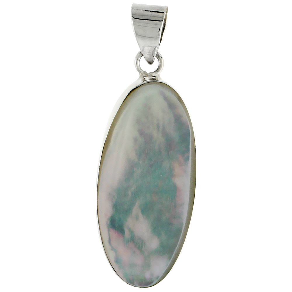 Sterling Silver Oval Mother of Pearl Inlay Pendant, 1 3/16" (30 mm) tall 