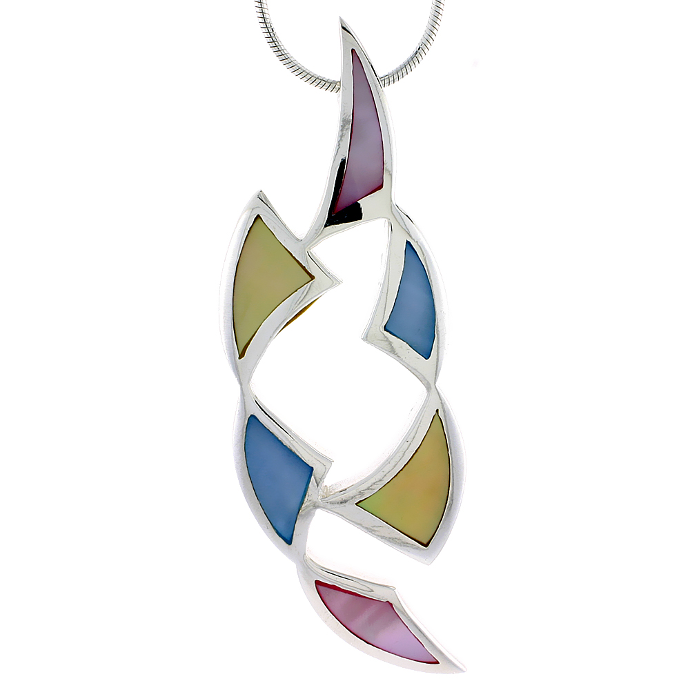 Sterling Silver Freeform Pink, Blue & Light Yellow Mother of Pearl Inlay Pendant, 2 5/16" (59 mm) tall 