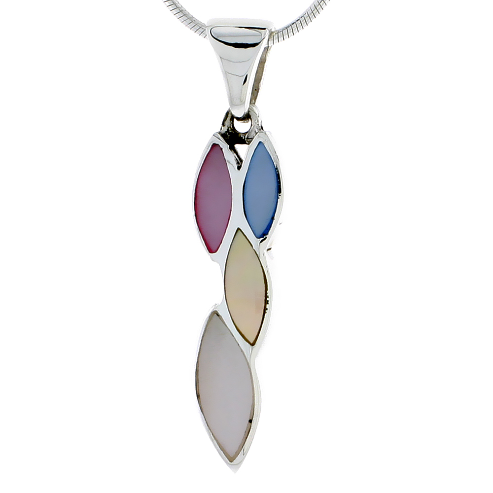 Sterling Silver Marquise-shaped Pink, Blue, Light Yellow & White Mother of Pearl Inlay Pendant, 1 3/16 (30 mm) tall 