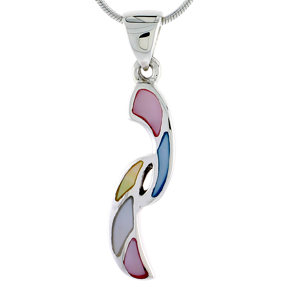 Sterling Silver Freeform Pink, Blue, Light Yellow & White Mother of Pearl Inlay Pendant, 1 1/4" (32 mm) tall 