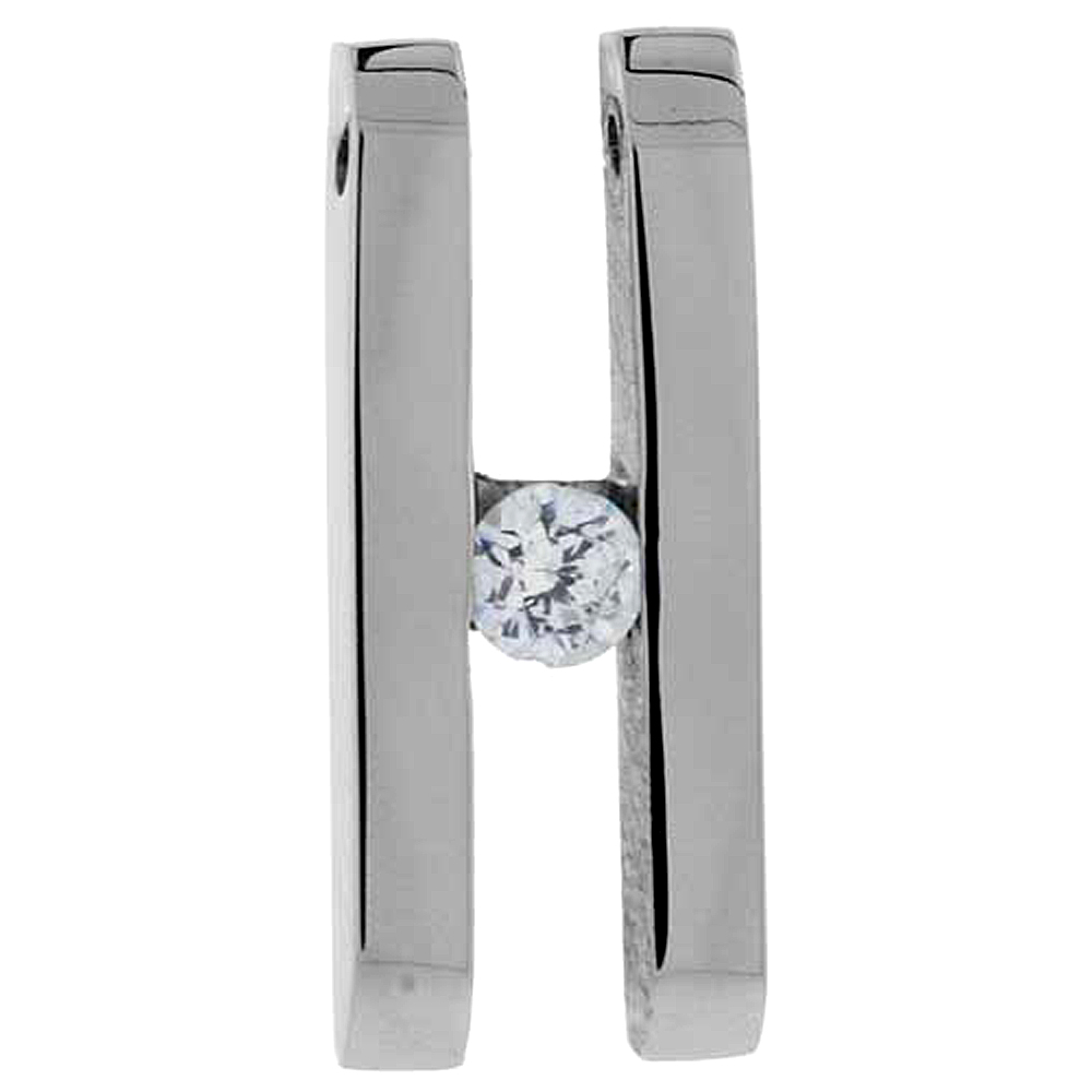 Stainless Steel Double Bar H Necklace w/ 4 mm Crystal, 7/8 inch tall, w/ 30 inch Chain