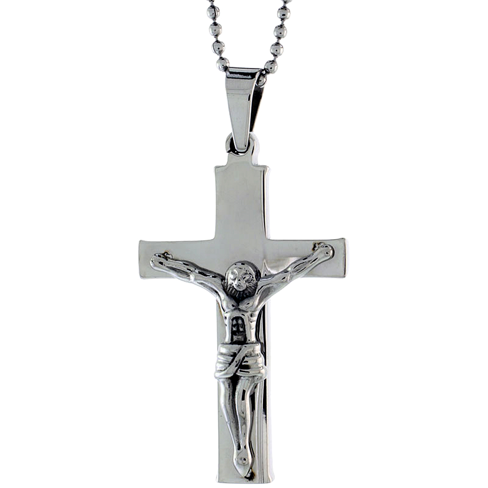 Stainless Steel Plain Crucifix Necklace, 1 1/2 inch tall, w/ 30 inch Chain