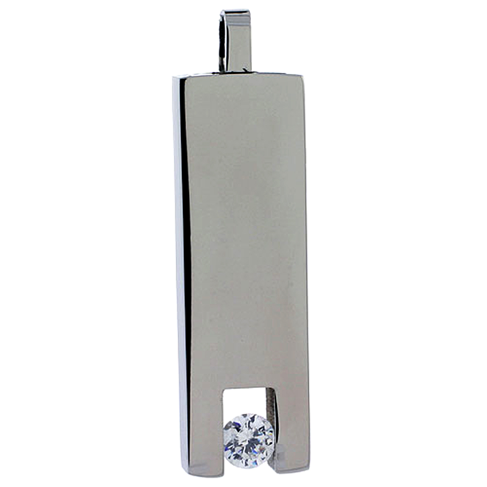Stainless Steel Bar Necklace w/ 4 mm Crystal, 1 1/8 inch tall, w/ 30 inch Chain