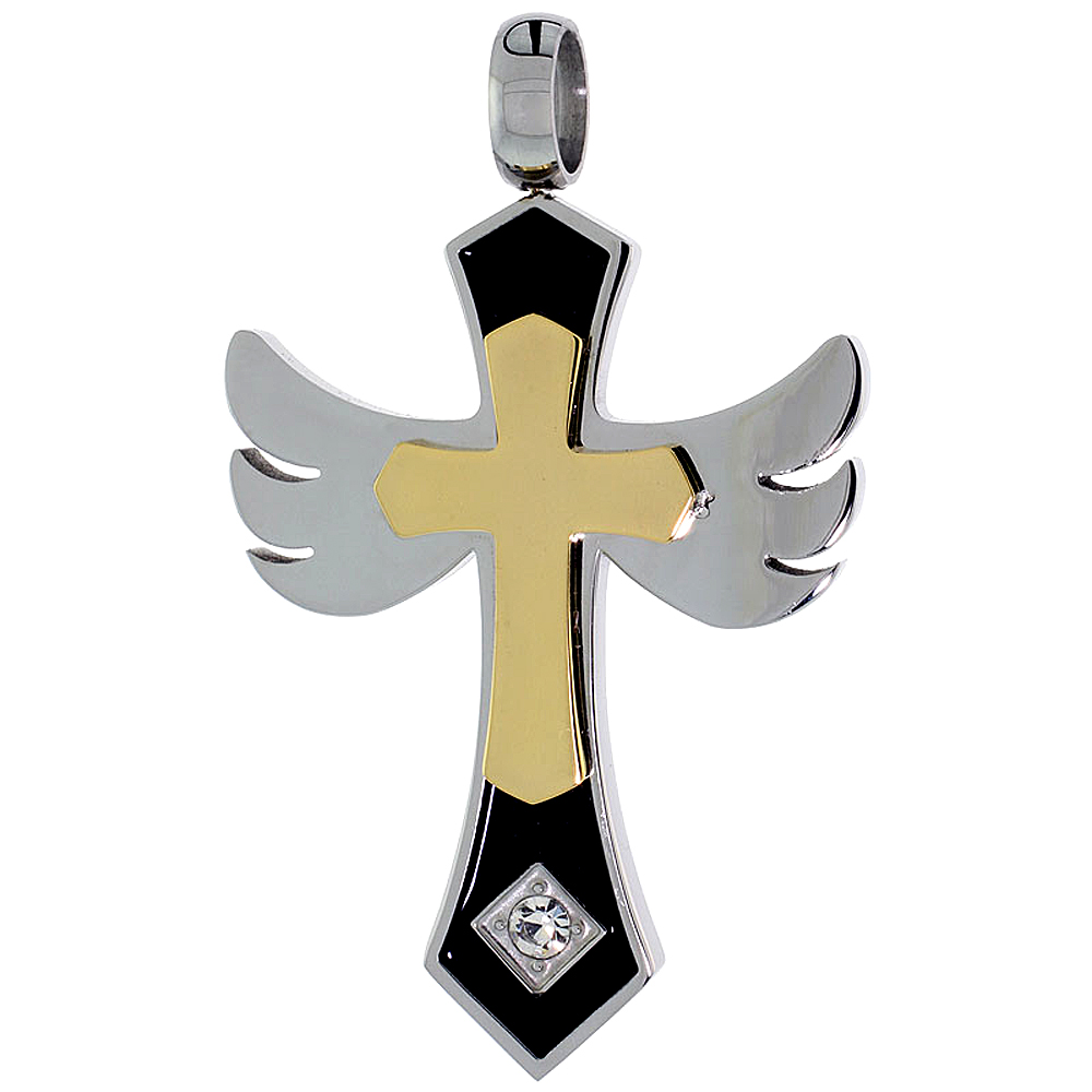 Stainless Steel Angel Wings Cross Necklace 2-Tone w/ CZ Stone, 30 inch chain