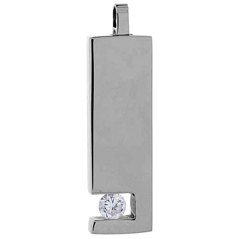 Stainless Steel Bar Necklace w/ 4 mm Crystal, 1 1/8 inch tall, w/ 30 inch Chain