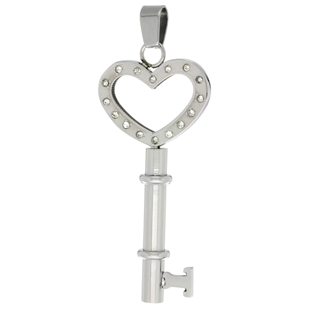 Stainless Steel Key-To-My-Heart CZ Necklace, 30 inch chain