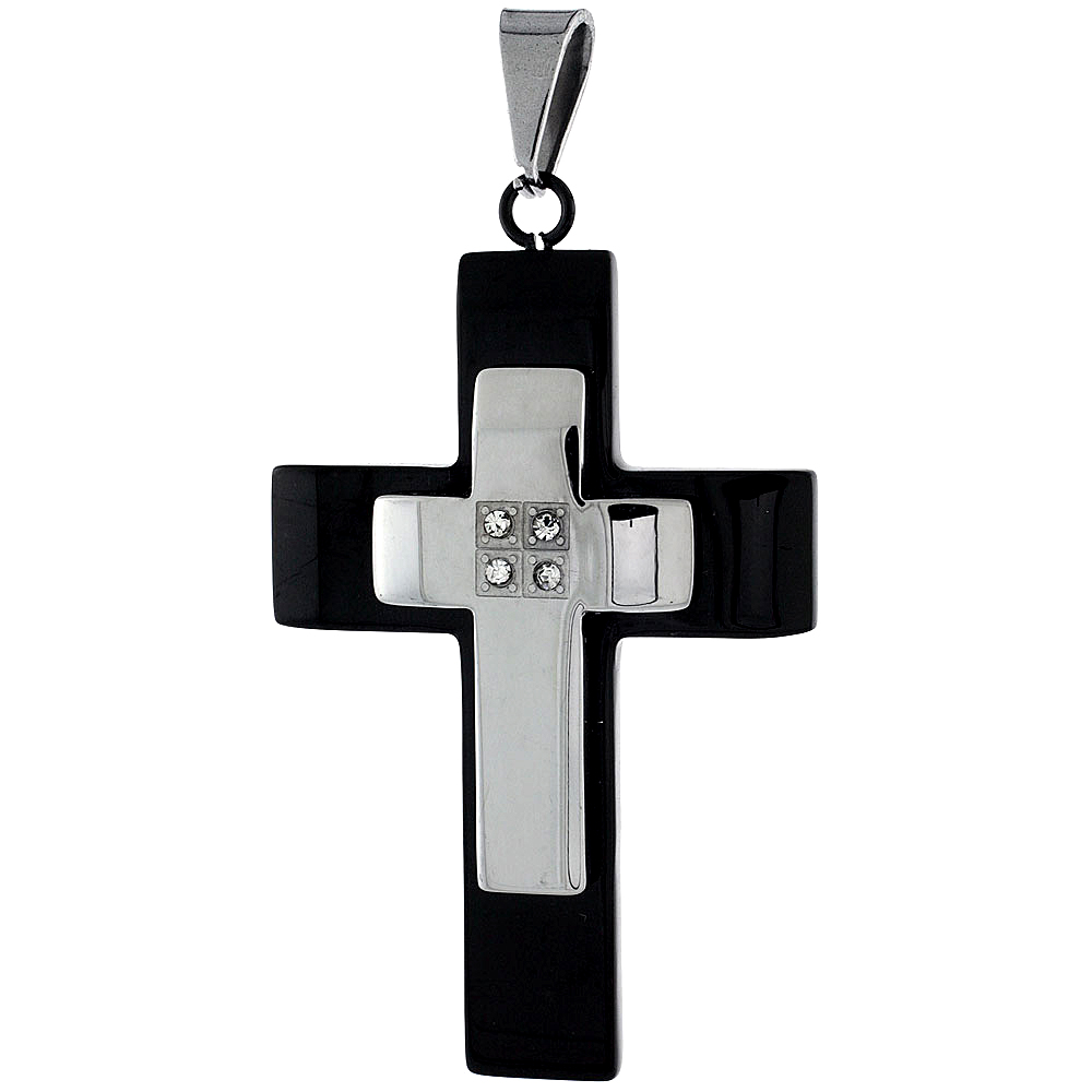 Stainless Steel Cross NecklaceCZ Stones 2-tone Gold Finish 2 inch tall, w/ 30 inch Chain