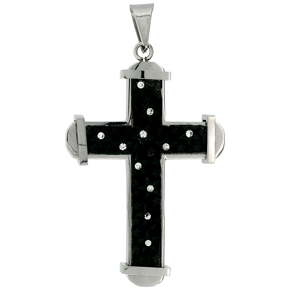 Stainless Steel Cross Necklace Stars CZ Stones 2-tone Black Finish, 2 inch tall with 30 inch chain