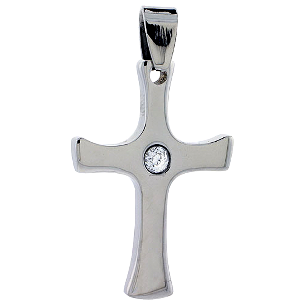 Stainless Steel Cross Necklace w/ 3 mm Crystal, 1 1/4 inch, w/ 30 inch Chain