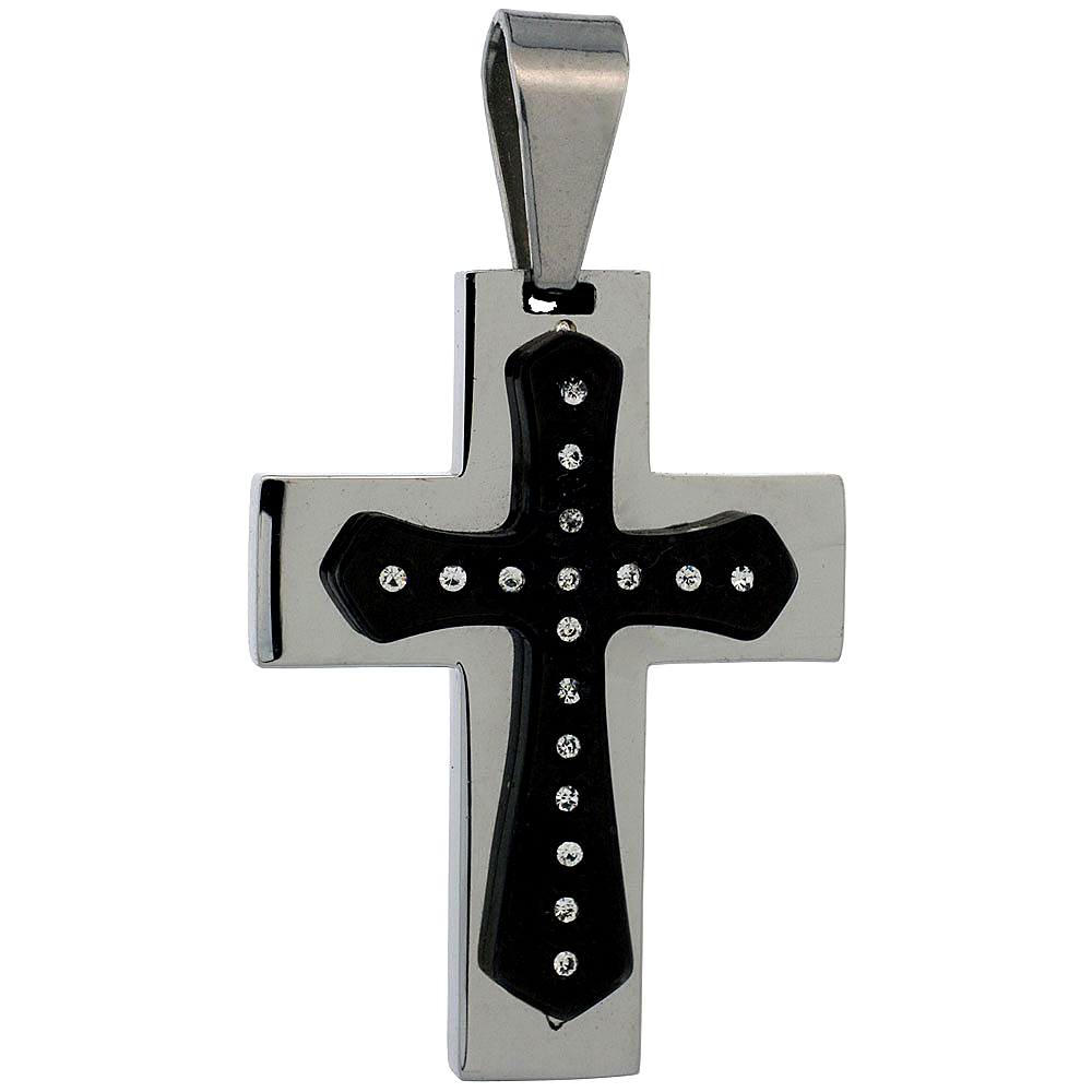 Stainless Steel Cross Necklace CZ Stones 2-tone Black Finish, 1 1/2 inch tall with 30 inch chain
