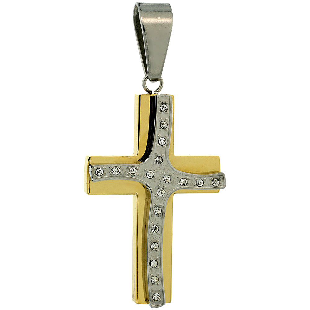 Stainless Steel Cross Necklace CZ Stones 2-tone Gold Finish, 1 3/4 inch tall with 30 inch chain