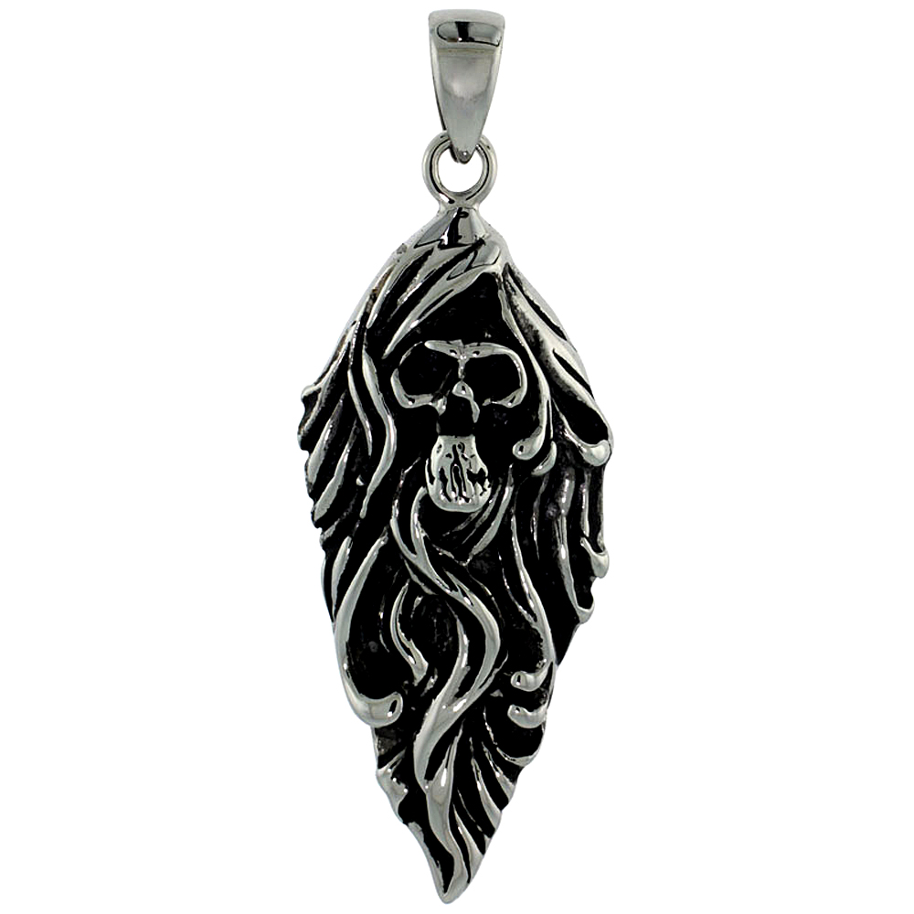Stainless Steel Skull Biker Necklace, 1 3/4 inch tall with 30 inch chain