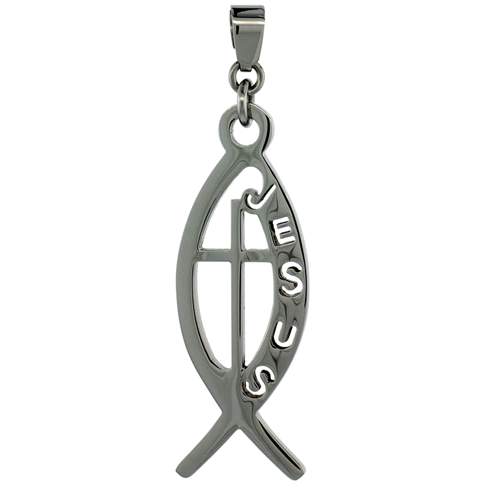 Surgical Steel Ichthys Christian Fish Necklace 1 3/4 inch, w/ 30 inch Chain