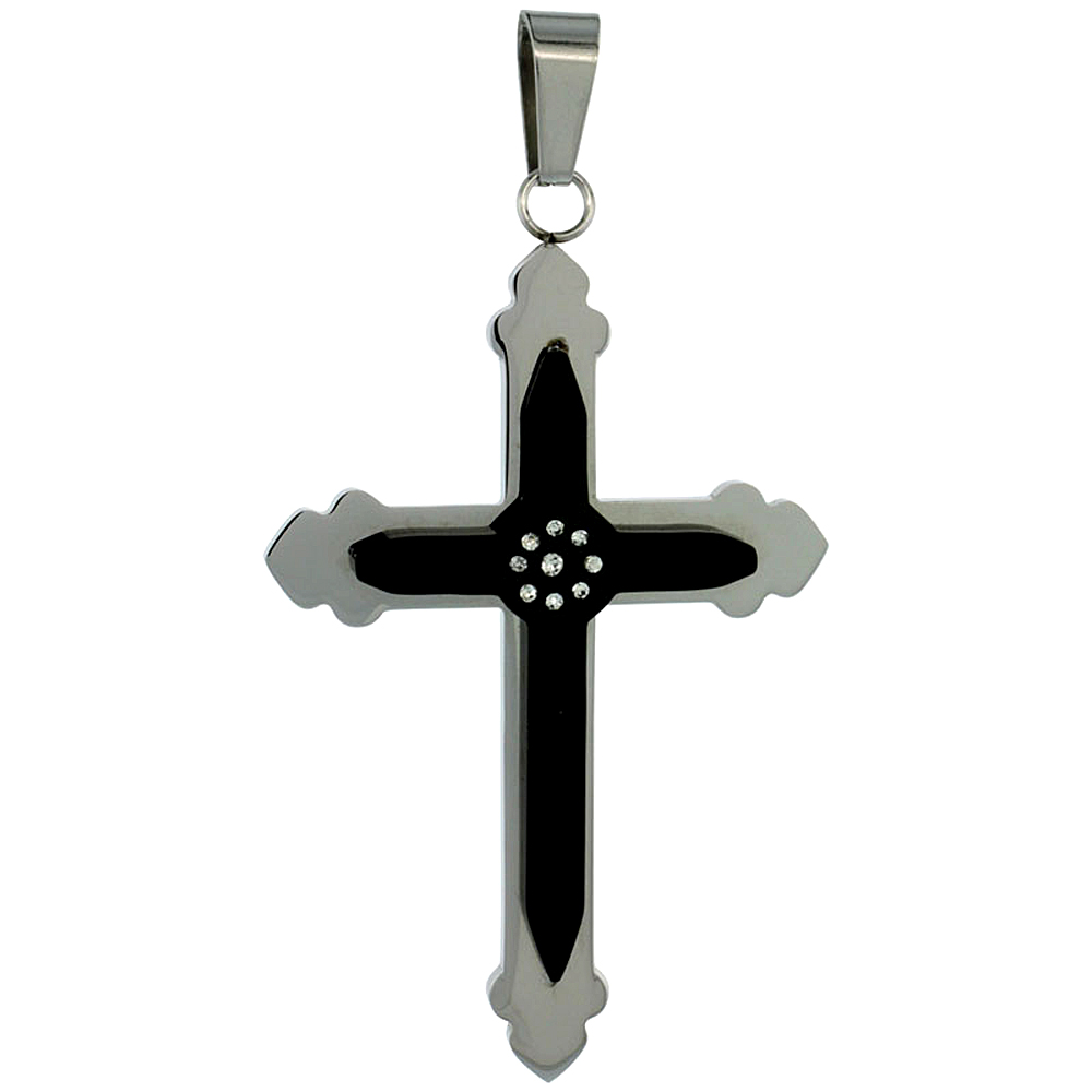 Stainless Steel Cross Necklace 2-tone Black finish, 2 1/4 inch tall, w/ 30 inch Chain