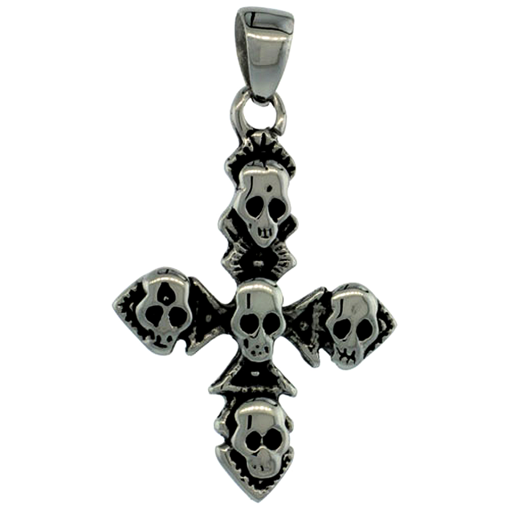 Surgical Steel Multiple Skulls on Cross Necklace 1 3/8 inch, comes w/ 30 inch Chain