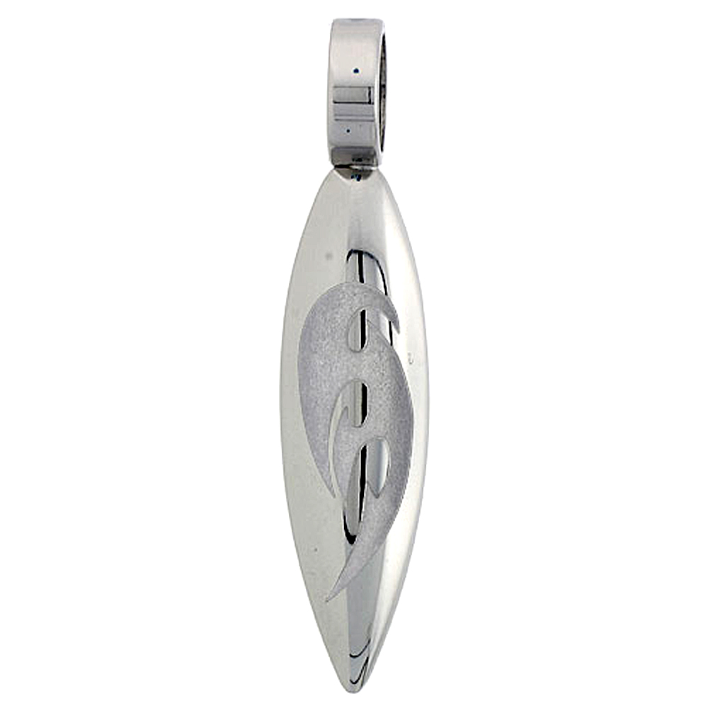Stainless Steel Surfboard Necklace w/ Tribal Design, 1 3/4 inch, w/ 30 inch Chain