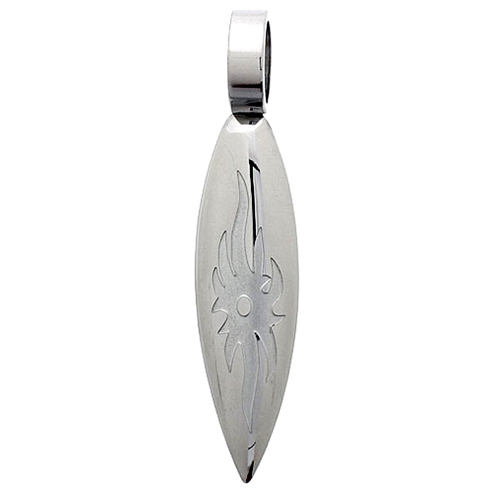 Stainless Steel Surfboard Necklace w/ Tribal Sun Design, 1 3/4 inch, w/ 30 inch Chain