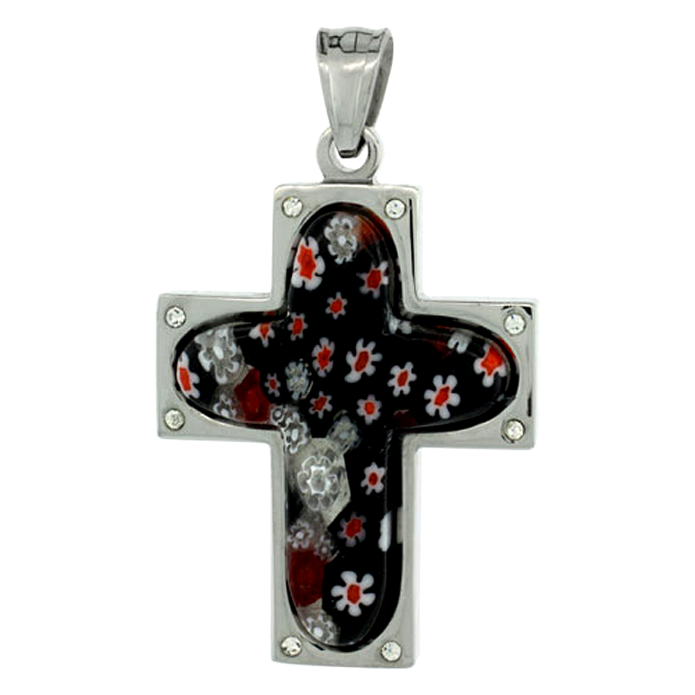 Stainless Steel Millefiori Cross Necklace, 1 1/2 inch tall, w/ 30 inch Chain
