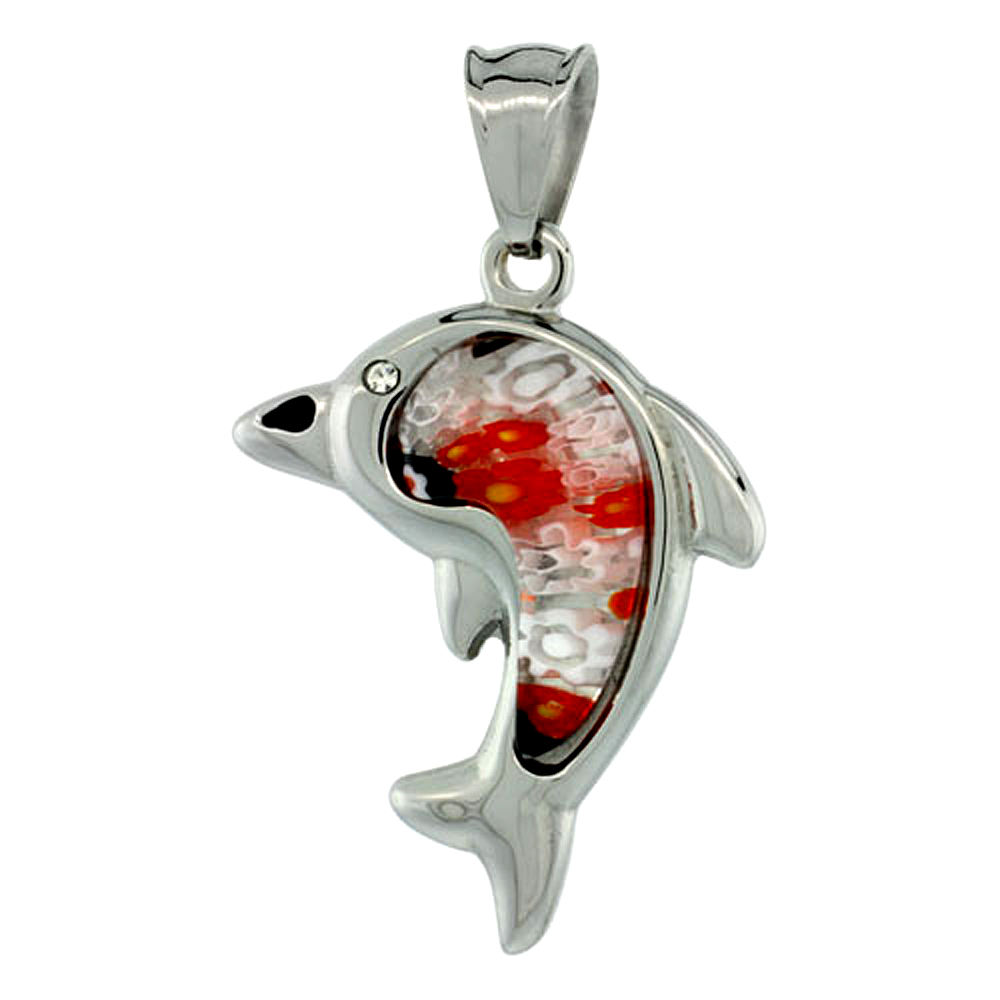 Stainless Steel Millefiori Dolphin Necklace, 1 3/16 inch tall, w/ 30 inch Chain