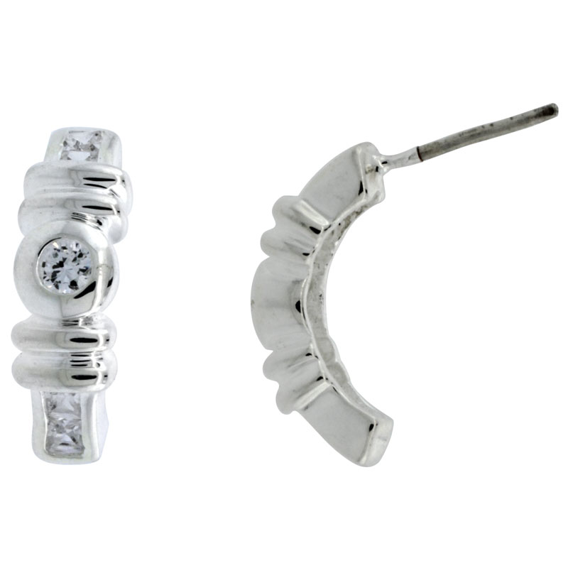 Sterling Silver Half-Hoop Fancy CZ Earrings 11/16 in. (17.5 mm) tall