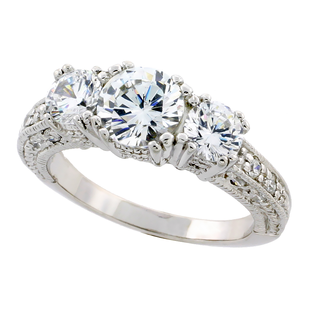 Sterling Silver Vintage Style Three-Stone Cubic Zirconia Ring 7 mm (1 1/4 carat size) High Quality Brilliant Cut Center Stone, 1/4 inch (7 mm) wide