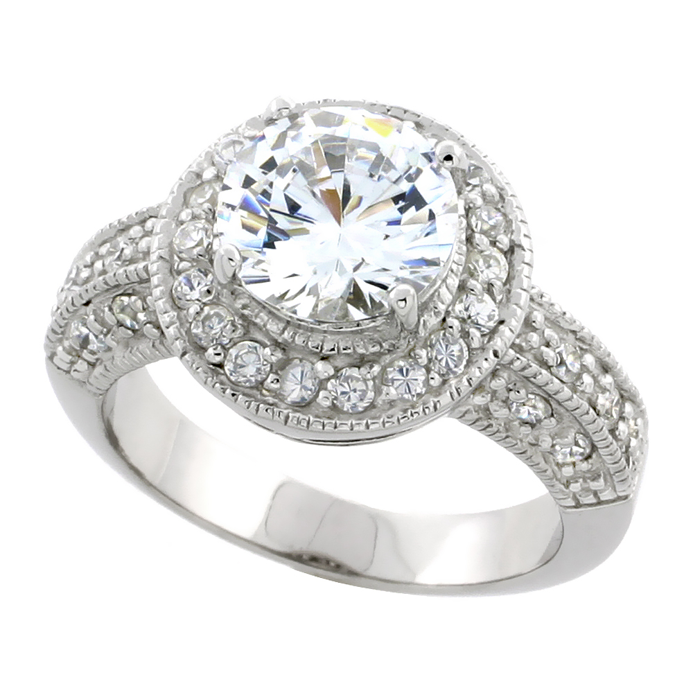 Sterling Silver Vintage Style Halo Cubic Zirconia Ring with 9 mm (2 3/4 carat size) High Quality Brilliant Cut Center Stone, 1/2 inch (12 mm) wide