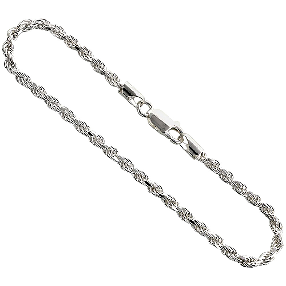 Sterling Silver Rope Chain Necklaces & Bracelets 3mm Diamond cut Nickel Free Italy, sizes 7 - 30 inch
