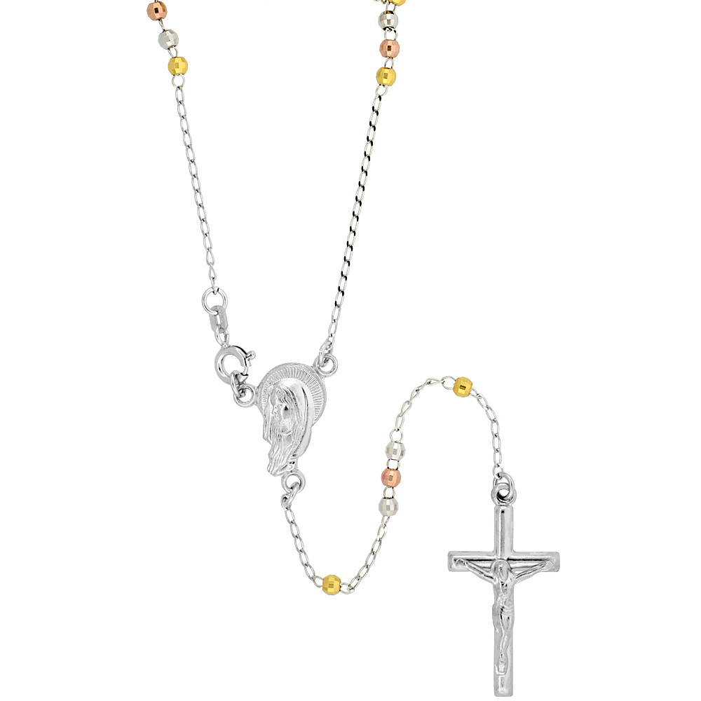 Sterling Silver Rosary Necklace Tri-Color 3mm Faceted Beads