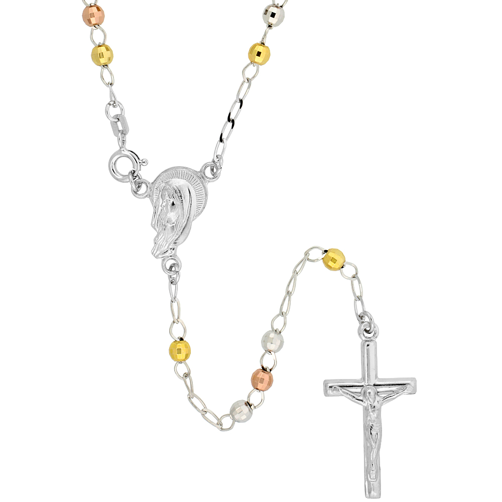 Sterling Silver Italian Rosary Necklace Tri-Color Faceted 4 mm Beads
