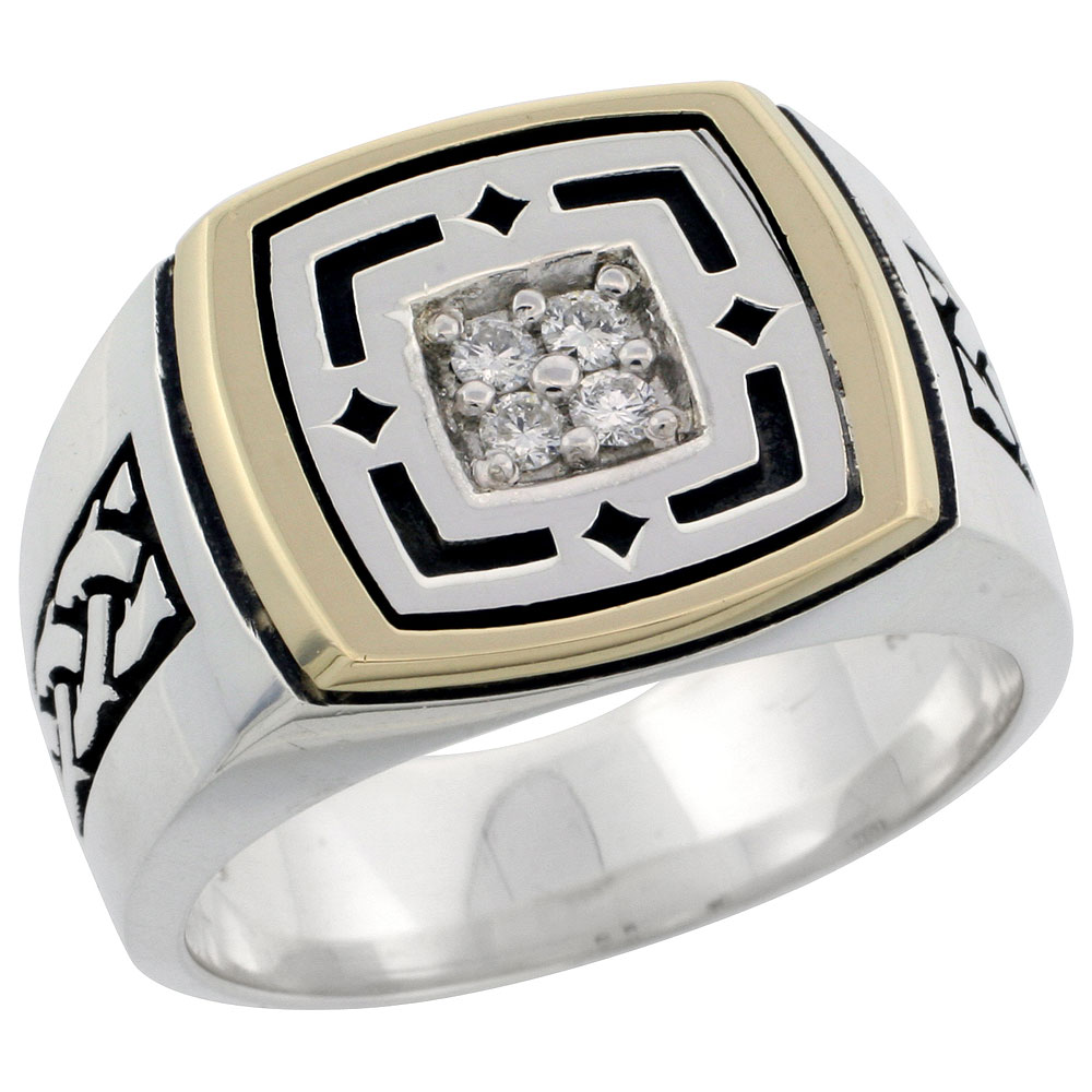 10k Gold & Sterling Silver 2-Tone Men's Square Diamond Ring with 0.16 ct. Brilliant Cut Diamonds, 19/32 inch wide