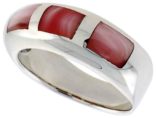 Sterling Silver Oxidized Ring, w/ Three 6 x 4 mm Rectangular Pink Mother of Pearls, 3/8" (10 mm) wide