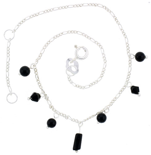 Sterling Silver Anklet Natural Stone Onyx Beads, adjustable 9 - 10 inch