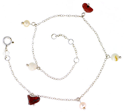 Sterling Silver Anklet Natural Stone Jasper Nuggets & Pearls, adjustable 9 - 10 inch