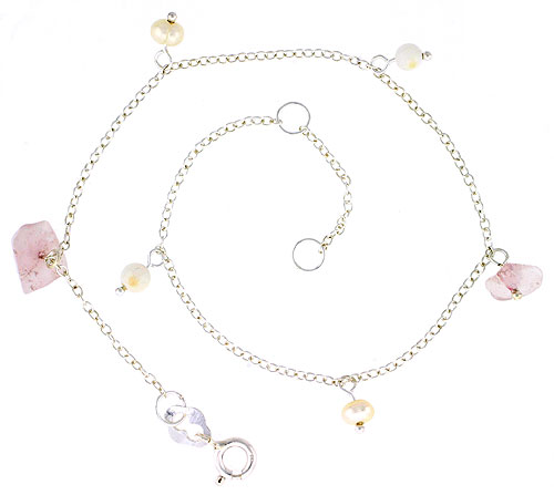 Sterling Silver Anklet Natural Stone Rose Quartz Nuggets & Pearls, adjustable 9 - 10 inch
