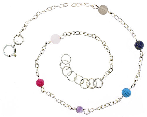 Sterling Silver Anklet Natural Rose Quartz Garnet Amethyst Snowflake Obsidian Beads, adjustable 9 - 10 inch