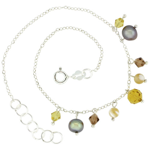 Sterling Silver Anklet Natural Faceted Citrine Bead Brown Pearls Bicone Crystals, adjustable 9 - 10 inch