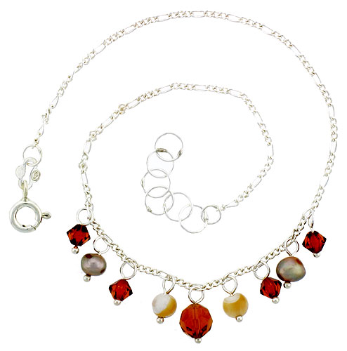 Sterling Silver Anklet Natural Gold Pearl Brown Bicone Crystals, adjustable 9 - 10 inch