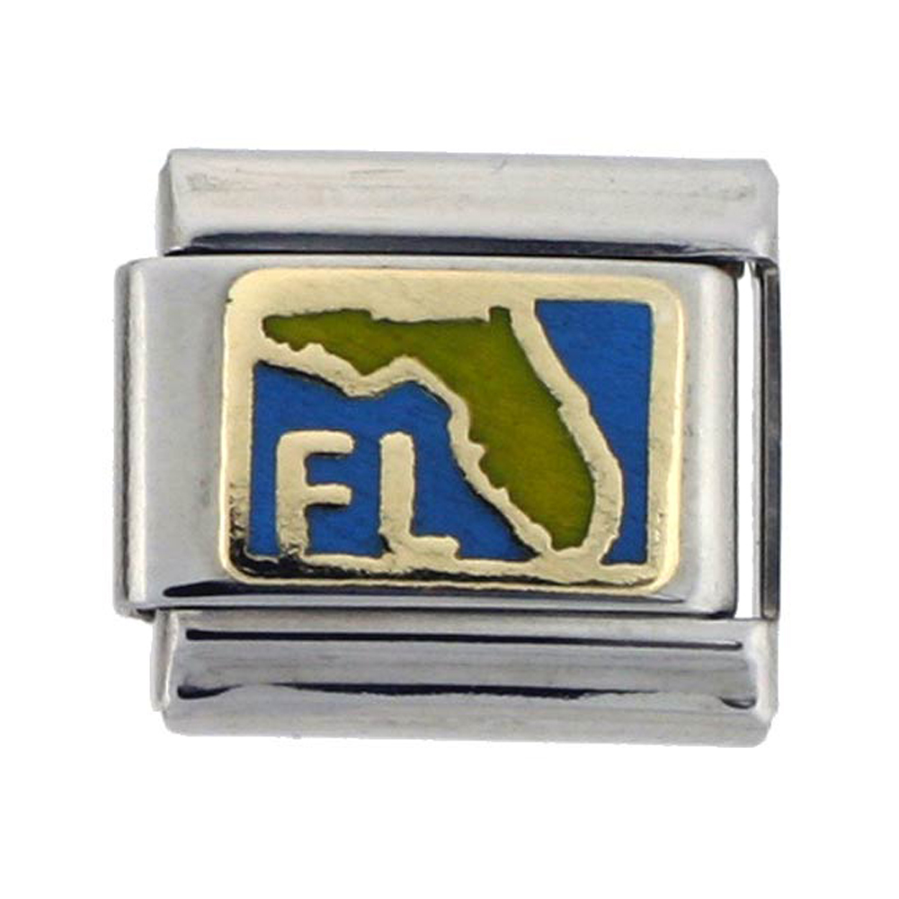 Stainless Steel 18k Gold Florida Map Charm for Italian Charm Bracelets Blue Enamel Stainless Steel 18k Gold Florida Map Charm for Italian Charm Bracelets Blue Enamel