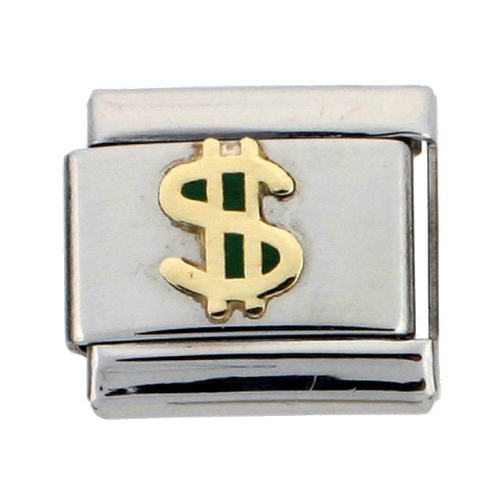 Stainless Steel 18k Gold Dollar Sign Charm for Italian Charm Bracelets Stainless Steel 18k Gold Dollar Sign Charm for Italian Charm Bracelets