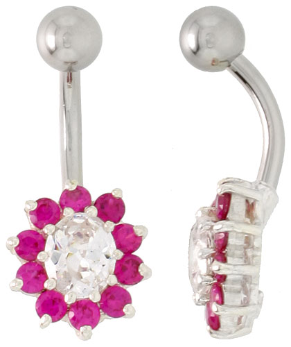 Sunflower Belly Button Ring with Ruby Red and Clear Cubic Zirconia on Sterling Silver Settings