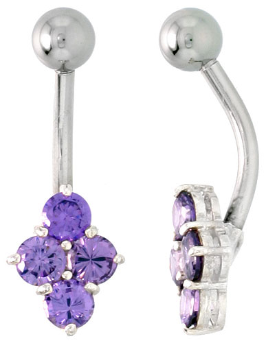 Belly Button Ring with Clustered Amethyst Cubic Zirconia on Sterling Silver Setting Stones