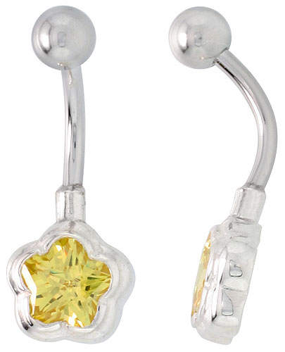 Flower Belly Button Ring with Citrine Cubic Zirconia on Sterling Silver Setting