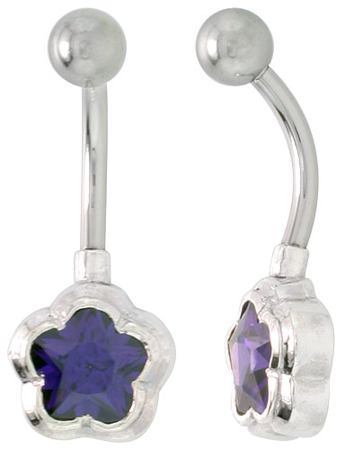 Flower Belly Button Ring with Amethyst Cubic Zirconia on Sterling Silver Setting