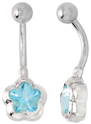 Flower Belly Button Ring with Blue Topaz Cubic Zirconia on Sterling Silver Setting