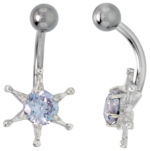 Sun Face Belly Button Ring with Clear Cubic Zirconia on Sterling Silver Setting