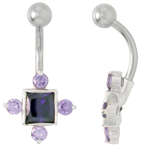Fancy Star Belly Button Ring with Amethyst Cubic Zirconia on Sterling Silver Setting