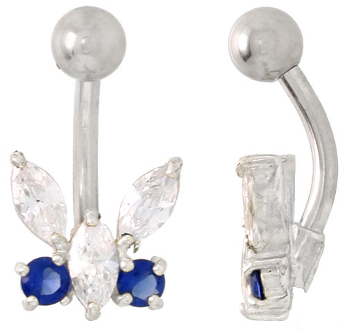 Butterfly Belly Button Ring with Blue Sapphire Cubic Zirconia on Sterling Silver Setting