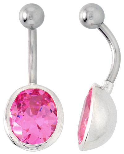 Large Oval Belly Button Ring with Pink Cubic Zirconia on Sterling Silver Setting